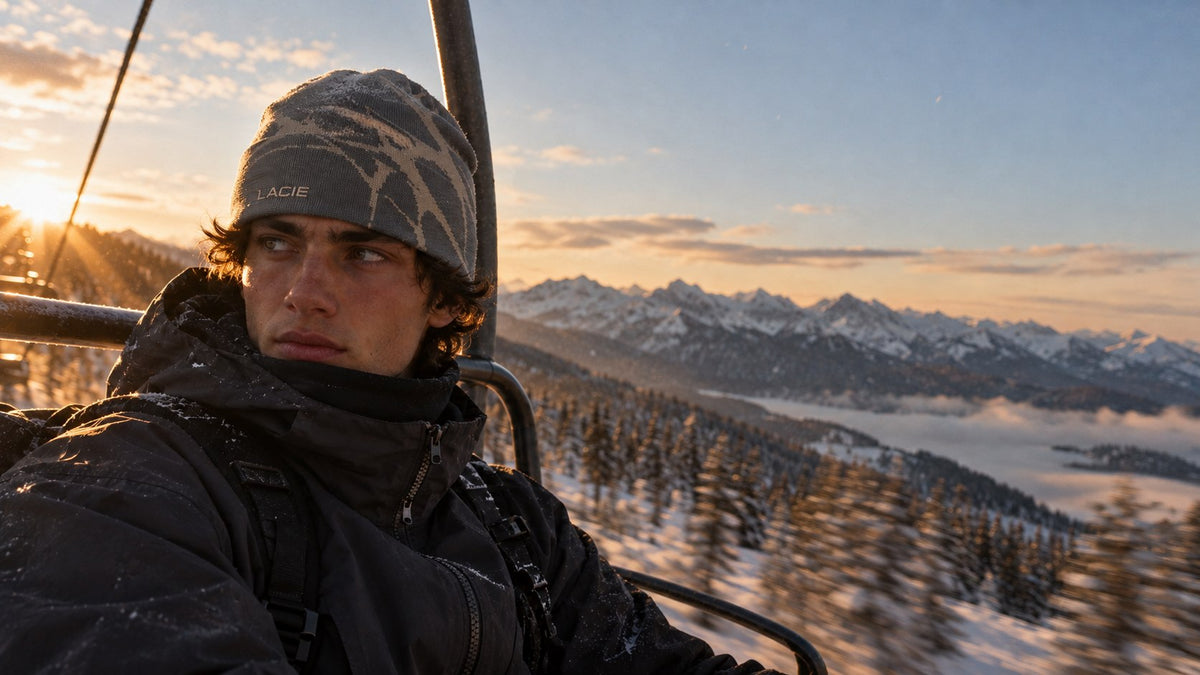 Snowboarder on a chairlift at sunset wearing the gray and cream LACIE Thorn Beanie