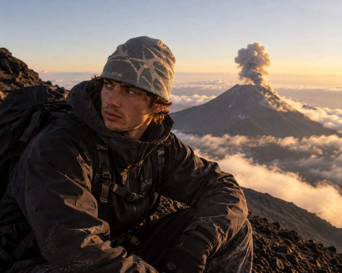 Hiker on a volcanic ridge at sunrise wearing the LACIE Thorn Beanie